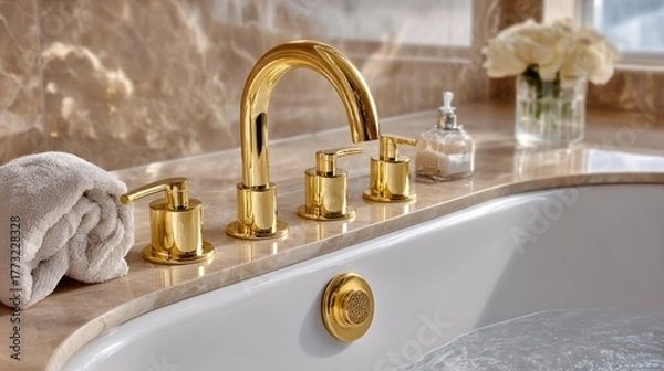 Fototapeta Gold faucet and fixtures adorn a luxurious bathtub with a towel and floral arrangement