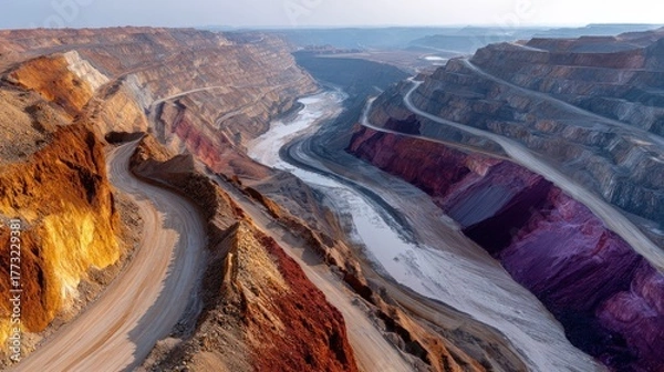 Fototapeta Aerial view of a massive open pit mine with tiered terraces of colorful rock