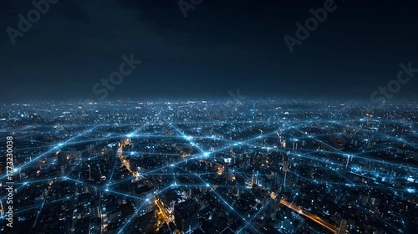 Fototapeta Expansive urban landscape illuminated by abstract digital data connections at night