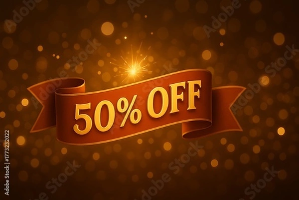 Fototapeta Festive 50 percent off sale banner with sparkling golden bokeh lights