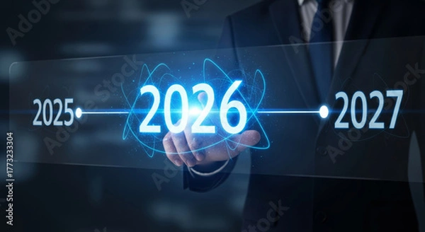 Fototapeta Business leadership goals finance futuristic 2026 year timeline digital display executive hand gesture planning strategy