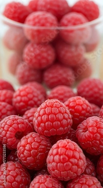 Fototapeta Freshly picked ripe raspberries in a glass bowl, close-up shot.