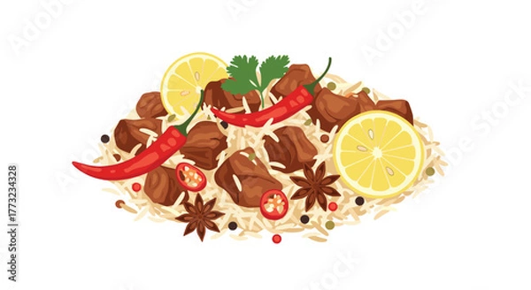 Fototapeta Delicious and Spicy Meat and Rice Dish with Garnishes.