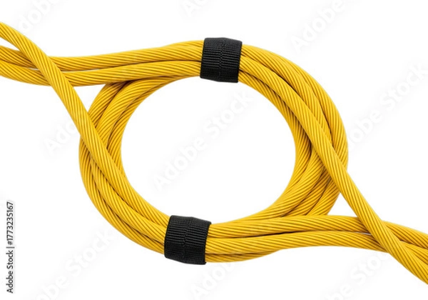 Fototapeta Bright yellow cable neatly coiled and secured with black straps for organized storage