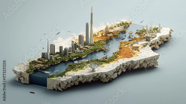 Obraz A features a miniature 3D model of Lagos bursting through a torn physical Africa map, seamlessly integrated with a white sleek 3D skyline rendering that blends into the urban landscape. 