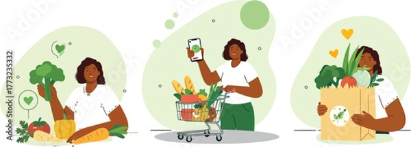 Obraz Healthy lifestyle choices African woman shopping fresh produce with eco-friendly mindset and mobile app for nutrition tracking and grocery list planning