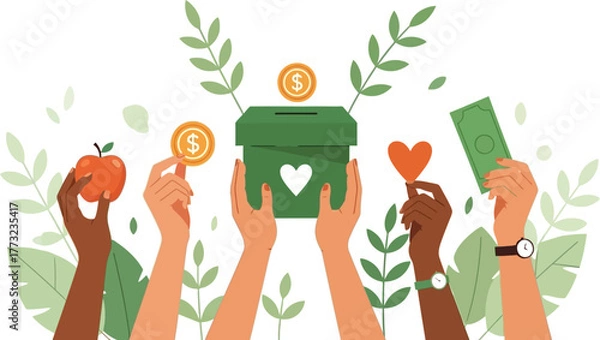 Obraz Diverse hands contribute to charitable causes, donating money, food, and love for a better world, promoting philanthropy and community support