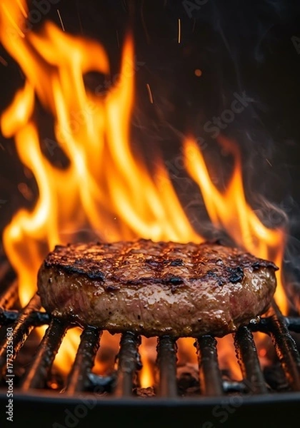 Fototapeta Juicy Beef Patty Grilling Over Open Flames on a Barbecue.