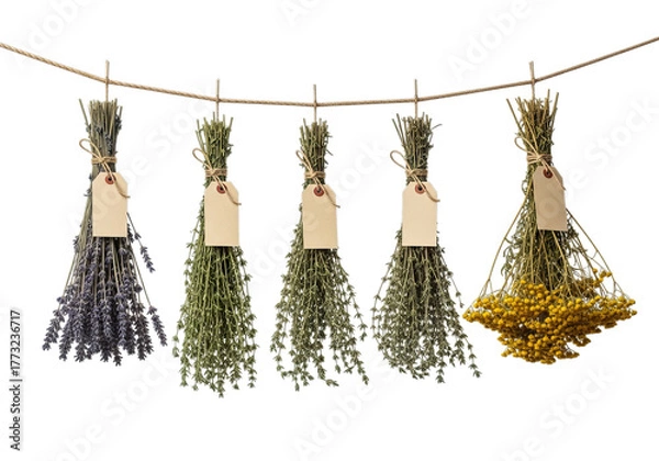 Fototapeta Five bunches of dried herbs and flowers hung on a string with blank tags for identification
