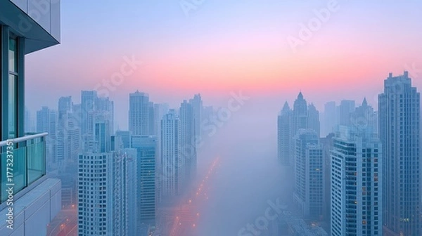 Obraz Urban Cityscape Skyline Buildings Under Hazy Morning Sky with Soft Pink and Blue Gradient Lighting and Distant City Lights