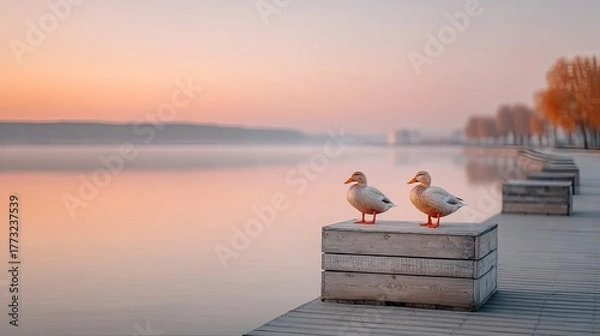 Fototapeta Two Ducks Perched on a Concrete Block by a Calm Lake During a Soft Sunrise with Hazy Horizon and Bare Trees Lining the Shore