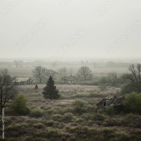 Fototapeta Overcast Landscape of Abandoned Buildings and Trees in a Foggy Field.