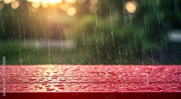 Fototapeta Raindrops falling on a red wooden surface with a blurred green background and bokeh lights.