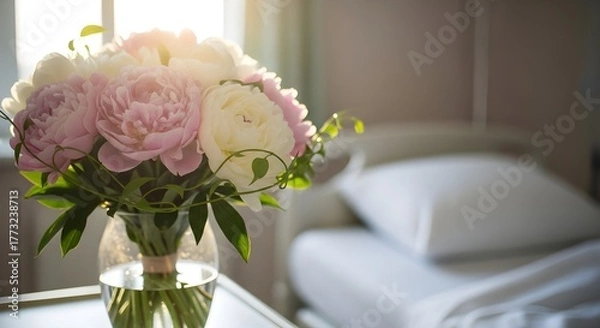 Fototapeta a bouquet of pastel peonies rests in a glass vase beside a hospital bed.