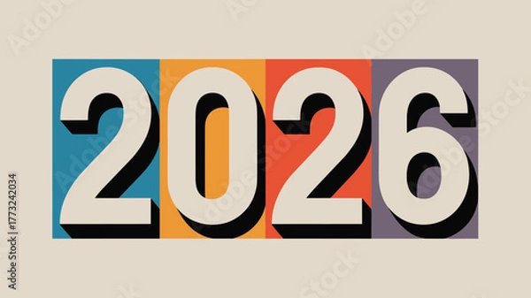 Fototapeta The year 2026 displayed in bold numbers with colorful background blocks