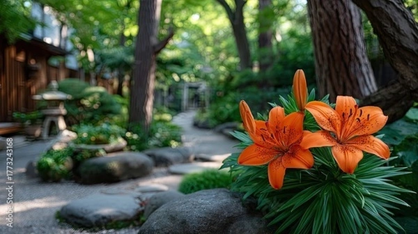 Fototapeta Two Vibrant Orange Tiger Lilies Bloom in a Serene Japanese Garden with a Stone Path and Lantern