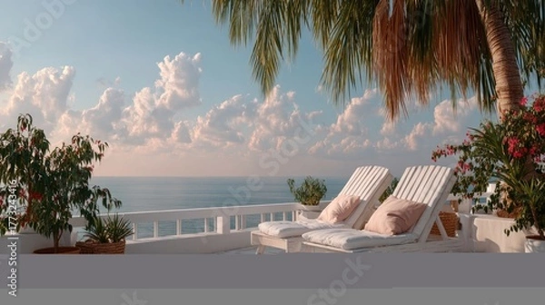 Fototapeta Two White Lounge Chairs With Pink Cushions Sit On A White Balcony Overlooking A Tropical Ocean View With Palm Trees And Pink Flowers On A Sunny Day