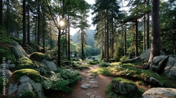 Fototapeta Sunlight filters through tall green trees onto a mossy forest floor with large grey rocks and a narrow path leading into the distance.