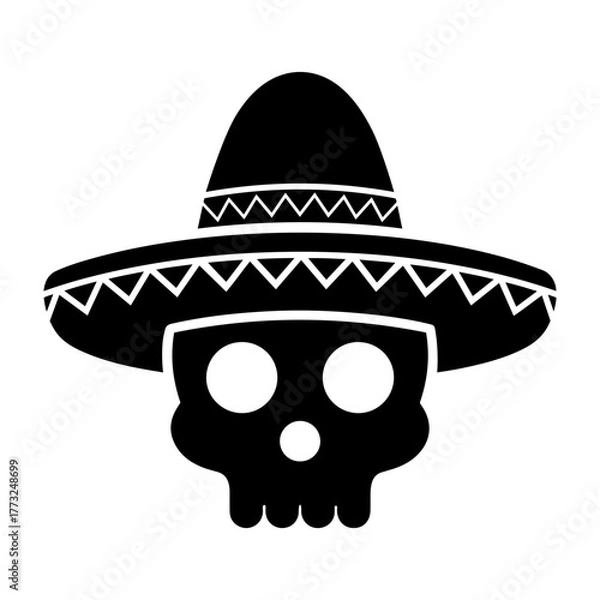 Fototapeta Dia de muertos icons vector illustration of a black skull wearing a sombrero with a zigzag pattern on the brim and crown