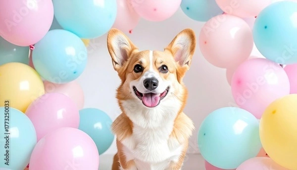Fototapeta Charming Corgi Portrait with Colorful Balloons