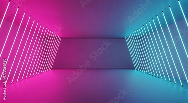 Obraz Modern empty room with neon lights in pink and blue, creating a futuristic and vibrant atmosphere for events or performances