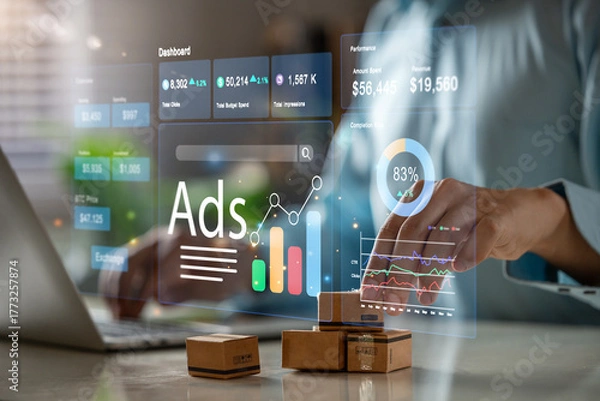 Fototapeta Businessman using laptop to monitor online advertising metrics through a digital dashboard.