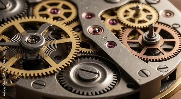 Fototapeta Intricate Clockwork Mechanism - A Detailed Close-Up of Gears and Components.