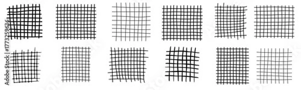 Fototapeta Grid pattern hand drawn. Line checkered texture, pencil sketch stripe paper. vector set