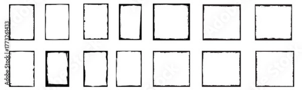 Fototapeta Brush frames. Rough textured grunge black silhouette in geometric shapes, square and oval, star. Vector set