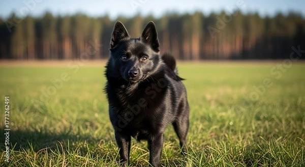 Fototapeta Schipperke dog standing in a grassy field on a sunny day.