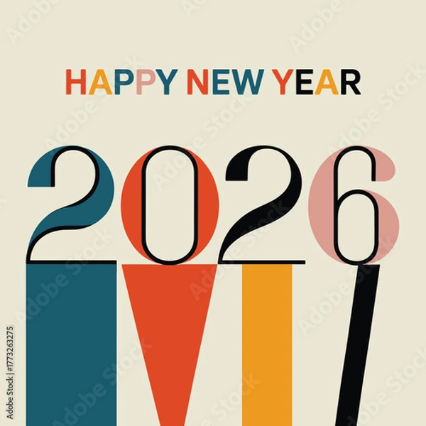 Fototapeta Happy new year 2026 greeting with colorful abstract shapes