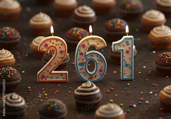Obraz Sweet Celebration: Whimsical 261st Birthday Display with Candles and Cupcakes Galore