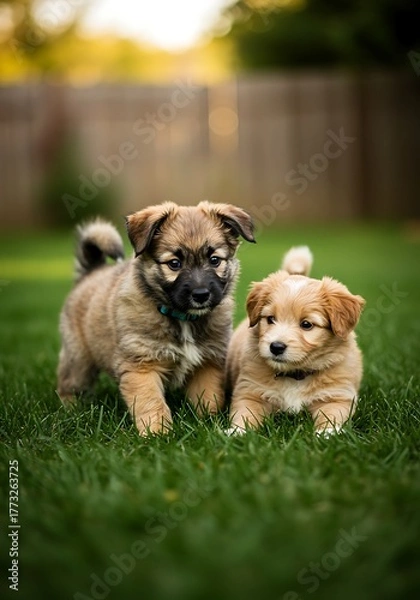 Fototapeta Two adorable fluffy puppies playing together on lush green grass in a sunny backyard.