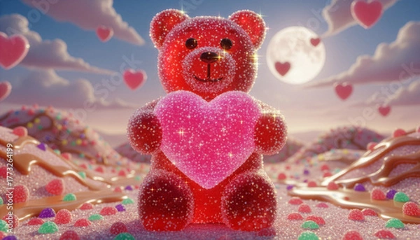Fototapeta A sparkling red gummy bear holding a glittery pink heart sits in a dreamy candy landscape under a glowing full moon, surrounded by sugar-coated hills and floating hearts - Generative AI