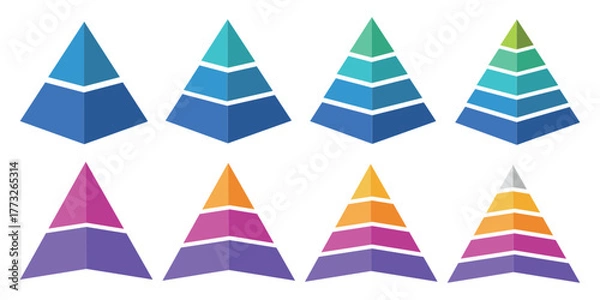 Obraz Pyramid infographic set. Colorful vector triangle diagram, triangular pyramid infographics, designed for business presentations, charts, educational materials. pyramid diagrams with ascending levels