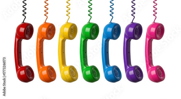 Obraz A vibrant rainbow of seven vintage telephone handset receivers hanging in a row, each a different color, isolated on a white background