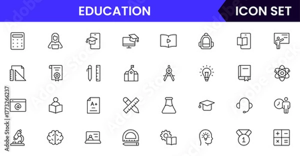 Fototapeta Education vector web line icon collection, sleek illustrations of books, diplomas, e-learning, knowledge for inspiring, academic designs.