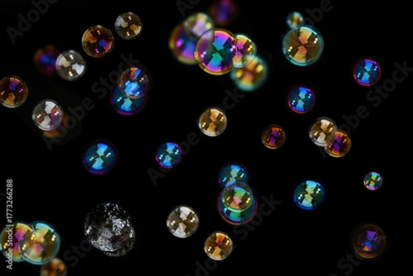 Obraz Soap bubbles isolated on a black background.