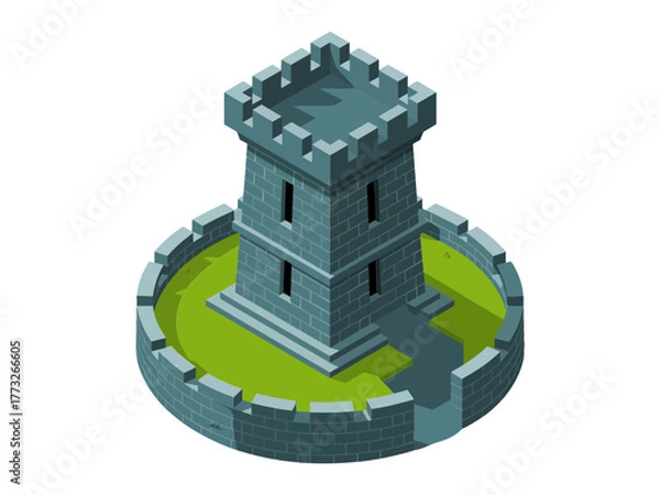 Obraz Stone turret on circular moat, blue fortress tower with battlements, grassy base, fantasy stronghold emblem, isometric medieval architecture