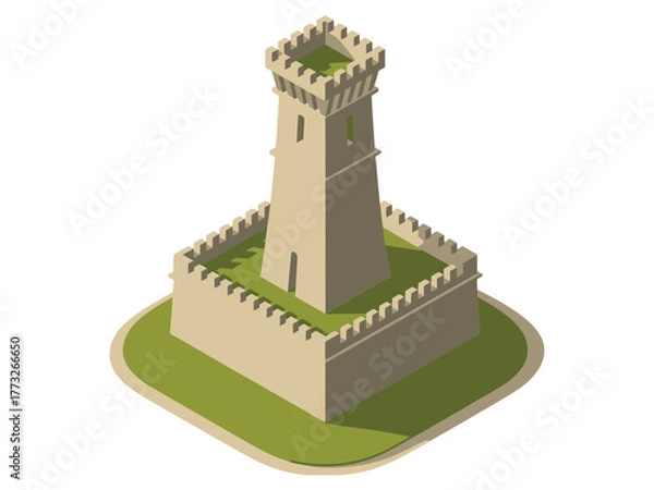 Obraz Castle keep tower, crenellated walls on raised platform, defensive stronghold icon, historical fortress element, isometric medieval architecture illustration