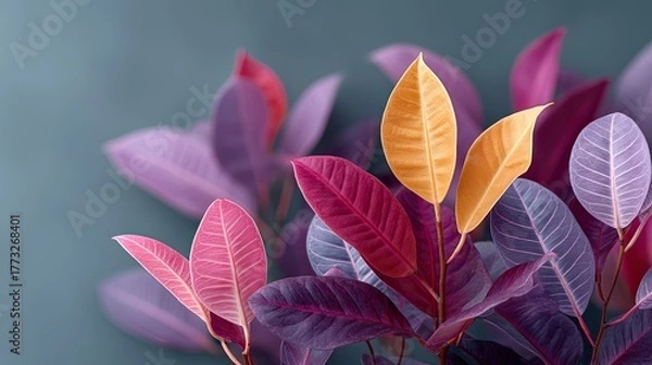 Fototapeta Vibrant Tropical Croton Leaves Displaying a Spectrum of Pink Purple and Golden Hues Against a Muted Blue Background in Soft Natural Light