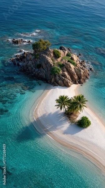 Fototapeta Vibrant Tropical Islet With Lush Green Trees and Crystal Clear Turquoise Water Reflecting Sunlight Creates a Serene Paradise Landscape