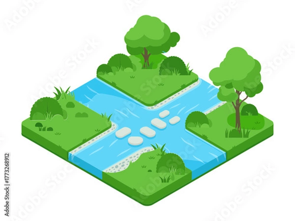Fototapeta Crossed garden streams, stepping stones and bridge, grassy banks with trees, tranquil park diorama, isometric landscape vector
