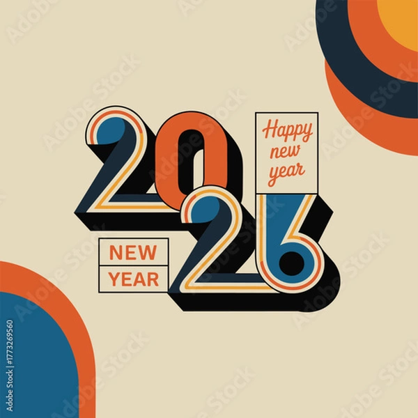 Fototapeta Happy new year 2026 text with retro design and colorful circles