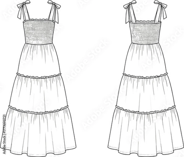 Obraz Tiered maxi dress fashion flat, smocked bodice sundress CAD drawing, women’s summer dress vector template, ruffle design illustration, garment sketch