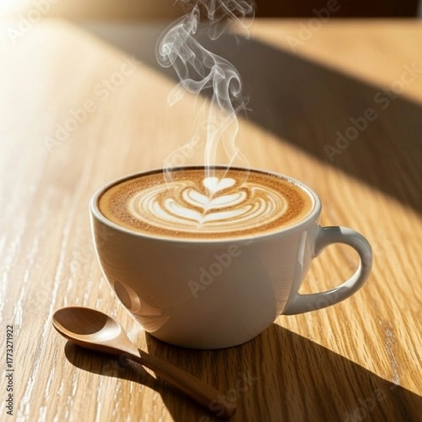 Fototapeta a cup of coffee on a wooden table with latte art on it, a wooden spoon next to it, illuminated by the morning sun