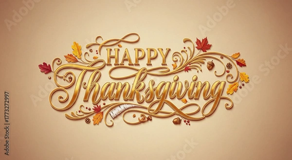 Obraz Luxury Golden Happy Thanksgiving Greeting with Autumn Leaves and Acorns on Beige Background