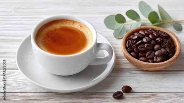 Fototapeta White ceramic cup filled with frothy espresso beside a small wooden bowl of roasted coffee beans on a white rustic wooden table with eucalyptus leaves
