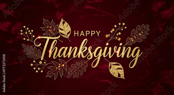 Obraz Golden Elegant Happy Thanksgiving Greeting with Leaves on Dark Red Velvet Background