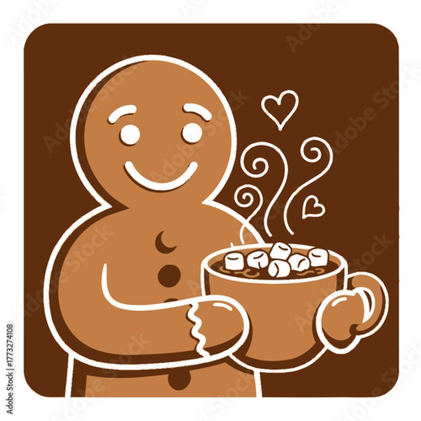 Fototapeta Cute gingerbread man enjoying hot chocolate with marshmallows and hearts